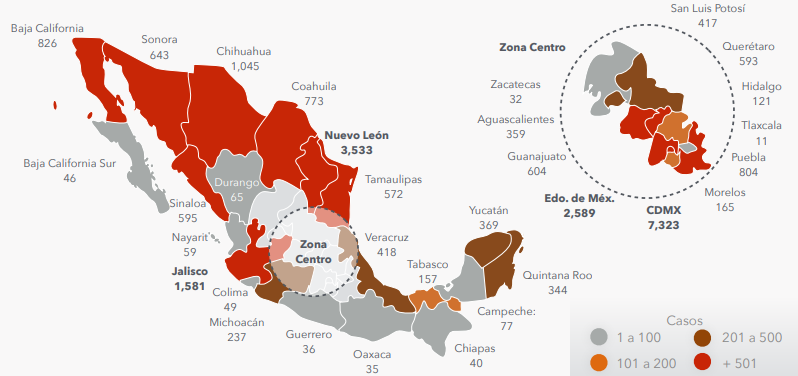 Distribución geográfica casos Covid-19 en seguros de Gastos Médicos Mayores